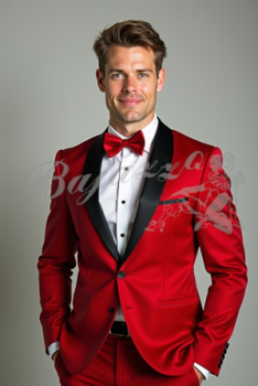 Bühnenjacke glänzend rot mit schwarzem Kragen Satin Gr. 52 Sonderangebot